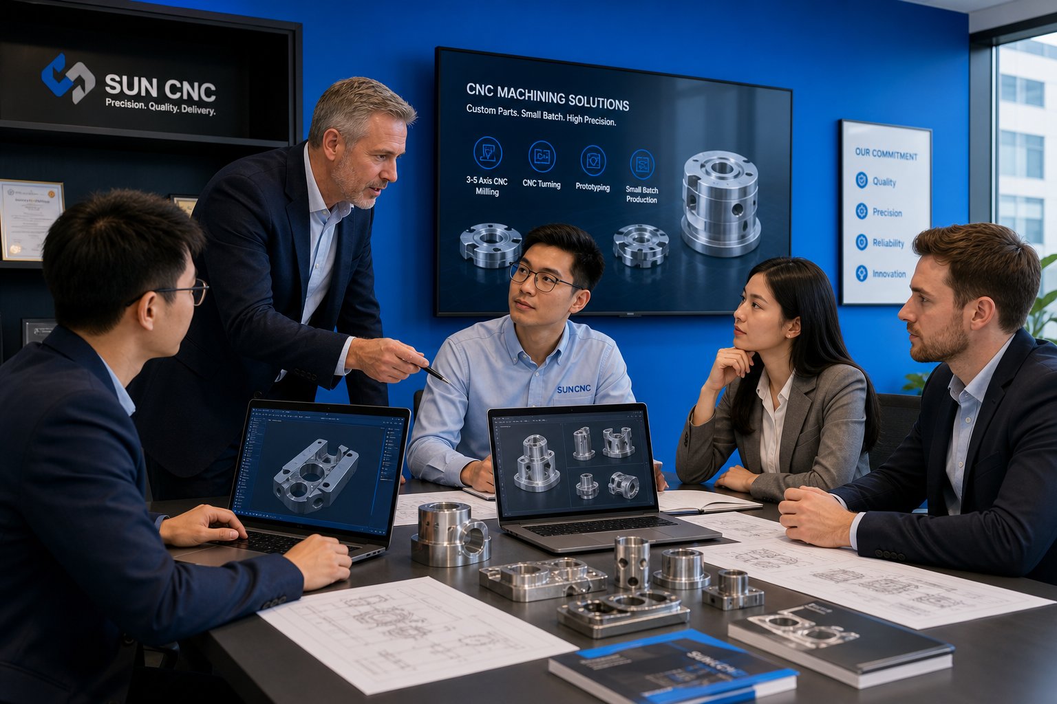 professionals discussing cnc machining projects in a modern conference room